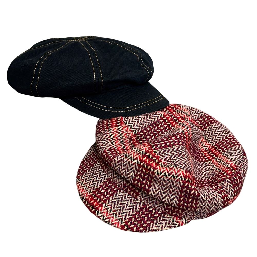 Free People Lot of 2 Shea Slouchy Lieutenant Cap Hat Wool Cotton Red Plaid Black
